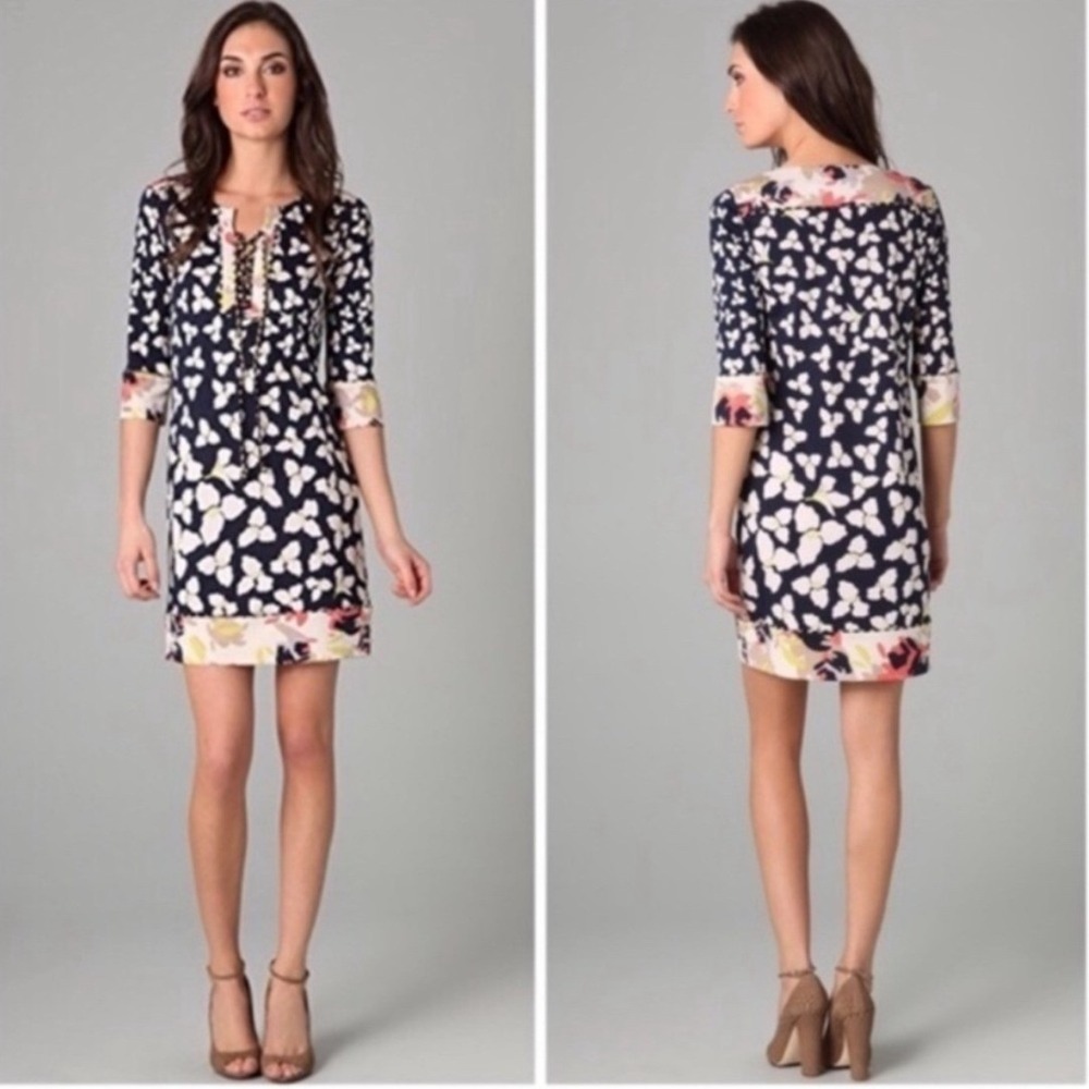 Diane Von Furstenberg Trella Silk Dress Navy Floral Lace Up Luxury Size 8